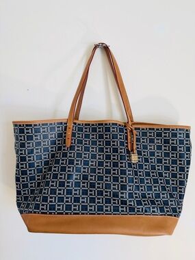 Navy Geometric Tote with Tan Trim